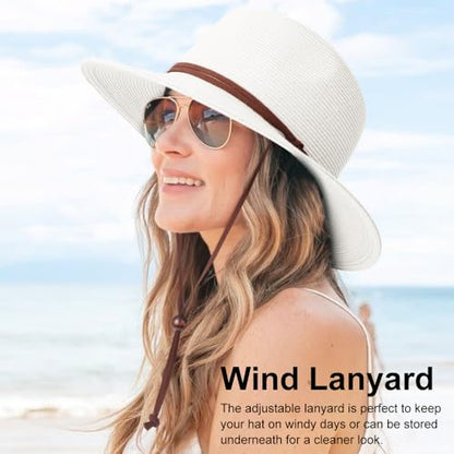 DRESHOW Womens Summer Straw Sun Hat Wide Brim Bucket Hats Fedora Hat Panama Beach Hat with Chin Strap UPF 50+ - color: 1 Pc Panama Fedora: White