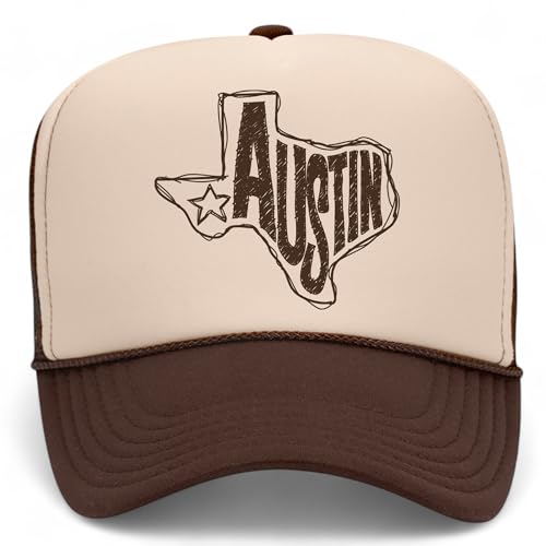 Austin Texas Sketch Vintage Trucker Hat | Premium Adjustable Snapback Baseball Hat for Men & Women - color: Brown/Tan Foam Mesh Back