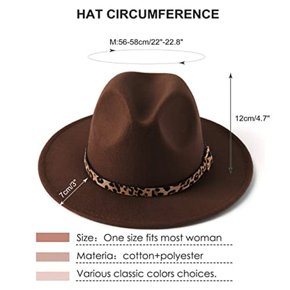 Women's Wide Brim Felt Fedora Panama Hat with Leopard - color: Coffee