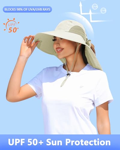 Womens Sun Hat Outdoor UV Protection Wide Brim Fishing Hat with Ponytail Hole Neck Flap for Beach Hiking Camping - color: Beige