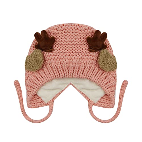 AIBEARTY Cute Deer Elk Antlers Baby Hat Winter Warm Plush Knitted Ear Warmer Bonnet Boys Girls Cap Beanie with Chin Strap - color: Pink