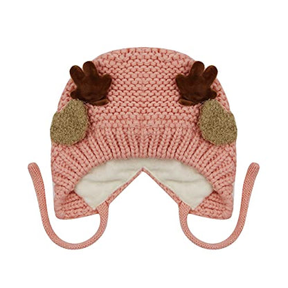 AIBEARTY Cute Deer Elk Antlers Baby Hat Winter Warm Plush Knitted Ear Warmer Bonnet Boys Girls Cap Beanie with Chin Strap - color: Pink