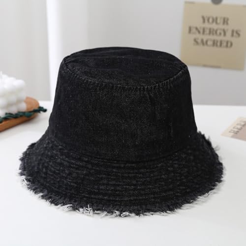 Quanhaigou Frayed Unisex Sun Hats, Fashion Beach Bucket Hat for Men Women,Summer Outdoor Boy's Girls Boonie Cap - color: Denim Black