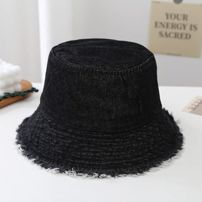 Quanhaigou Frayed Unisex Sun Hats, Fashion Beach Bucket Hat for Men Women,Summer Outdoor Boy's Girls Boonie Cap - color: Denim Black