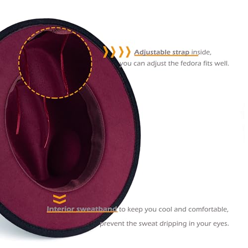 Women Gradient Color Fedora Wide Brim Felt Hat - color: Burgundy/Black