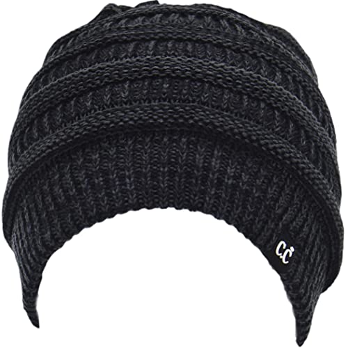 C.C Beanie Oversized Hat with Fuzzy Lining – Thick Knit Thermal Beanie for Cold Weather, Soft Warm Fleece Lined Cap - color: 2 Tone Black / Charcoal