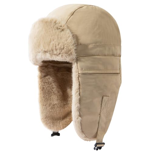 CLAPE Women Waterproof Warm Winter Hat, Soft Faux Fur Trapper Hat w/Ear Flaps, Men Outdoor Hunting Ushanka Russian Hats - color: Pl2411-khaki