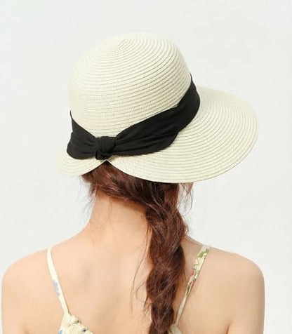 Women's Sun Straw Hats Summer Wide Brim Beach Hat UPF 80+ Travel Vacation Accessories Packable Foldable Cap - color: White