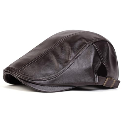 Newsboy Cap for Men, Flat Cap, PU Leather Hat - color: Buckle| Brown