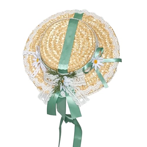 Victorian Tea Party Sun Hat, Wide Brim Straw Flat Cap - color: Green