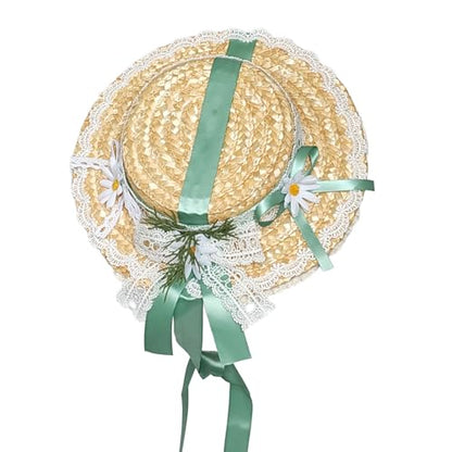 Victorian Tea Party Sun Hat, Wide Brim Straw Flat Cap - color: Green