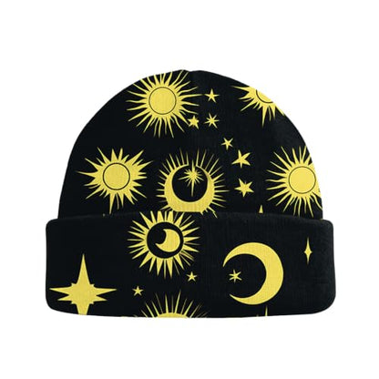 Beanie Knit Hat Winter Unisex Cuffed Beanies Skull Cap Warm Double Layer Thick Acrylic Cute for Girls Women Men - color: Sun Moon