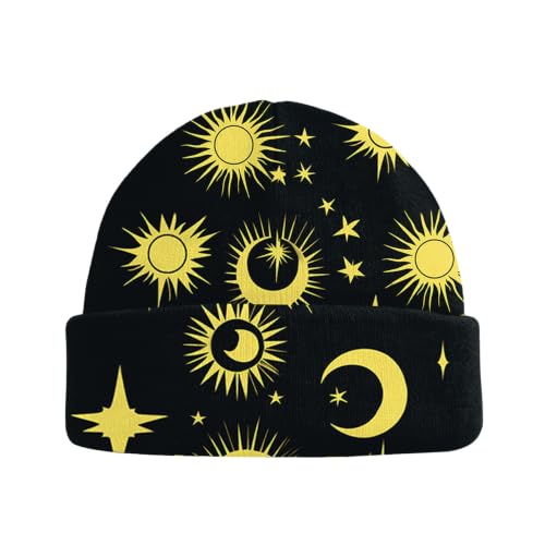 Beanie Knit Hat Winter Unisex Cuffed Beanies Skull Cap Warm Double Layer Thick Acrylic Cute for Girls Women Men - color: Sun Moon