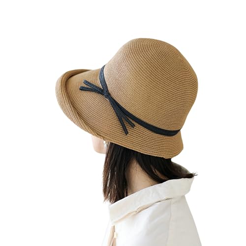 CORIRESHA Women's Vintage 1920s Audrey Hepburn Hat Bow Straw Cloche Beach Sun Cap - color: Khaki