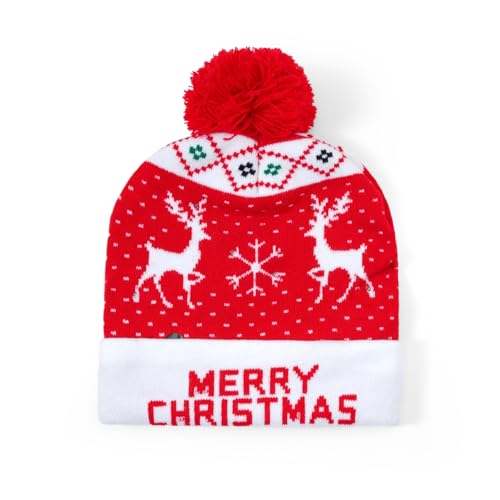 Christmas Hat 2 Pack Light Up Knitted Beanie Hat Xmas Santa Holiday Cap LED Lights - color: Red+red