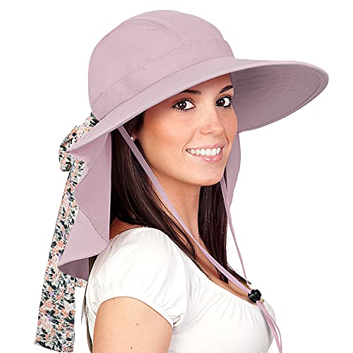 Solaris UPF 50+ Wide Brim Sun Hat for Women - Small Size Packable Lightweight, Floral Scarf Cooling Hat with Neck Flap - color: Pink