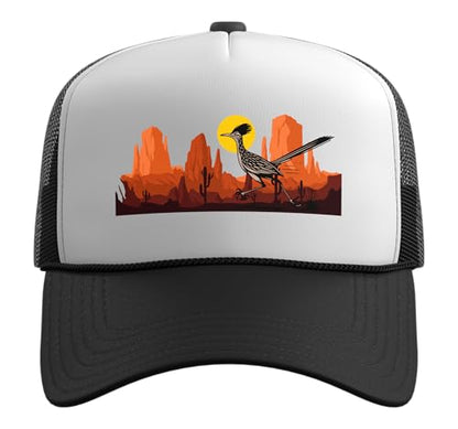 Roadrunner Bird Desert Vibes Arizona New Mexico Nevada Trucker Hat with Adjustable Mesh Back - color: Black/White