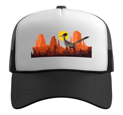 Roadrunner Bird Desert Vibes Arizona New Mexico Nevada Trucker Hat with Adjustable Mesh Back - color: Black/White