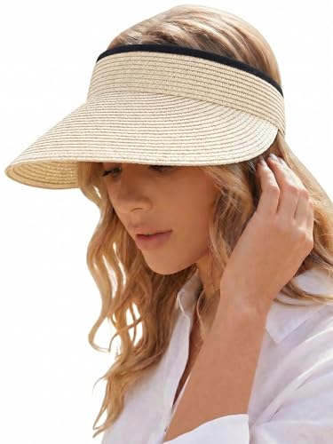 Sun Visor Hat for Women Summer Beach Vacation Essential Ponytail Friendly Travel Foldable Packable UPF 50+ - color: Beige