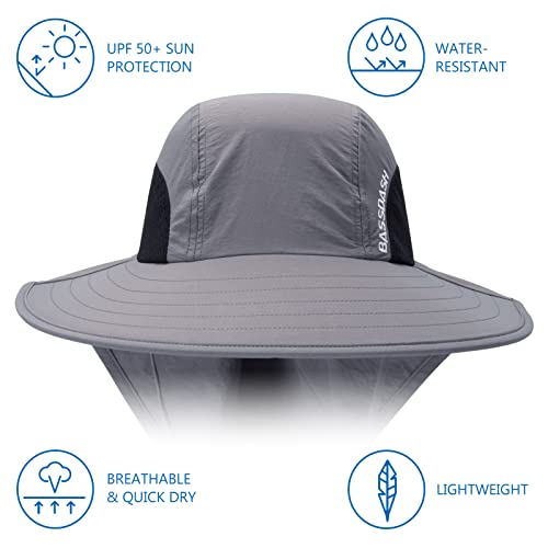 BASSDASH UPF 50+ Unisex Water Resistant Wide Brim Sun Hat with Large Neck Flap Ponytail Fishing Hat for Men Women - color: Light Grey