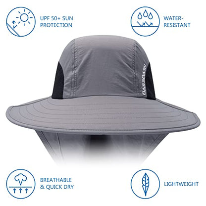 BASSDASH UPF 50+ Unisex Water Resistant Wide Brim Sun Hat with Large Neck Flap Ponytail Fishing Hat for Men Women - color: Light Grey