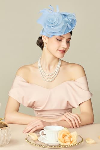 BABEYOND Fascinators Hats for Women Tea Party Mesh Flower Pillbox Derby Hat - color: Light Blue