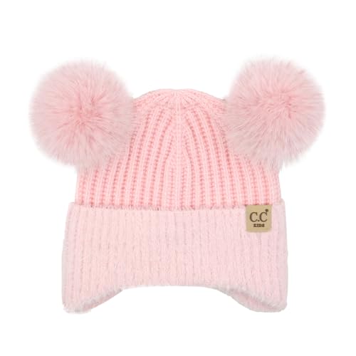 C.C Kids Ear Flap Fur Pom Beanie for Boys Girls - Comfortable Soft Warm Children Youth Knit Skully Hat with Faux Fur Pom - color: Double Pom - Pink