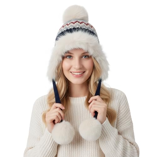 Women Winter Warm Knit Beanie Earflap Hat with Pompom Plush Lined Russian Ushanka Trapper Hat Thermal Windproof Ski Snow Cap - color: Navy Blue