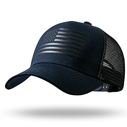 American Flag Trucker Hat - Snapback Hat, Baseball Cap for Men Women - Breathable Mesh Side, Adjustable Fit - for Casual Wear - color: Navy/Black