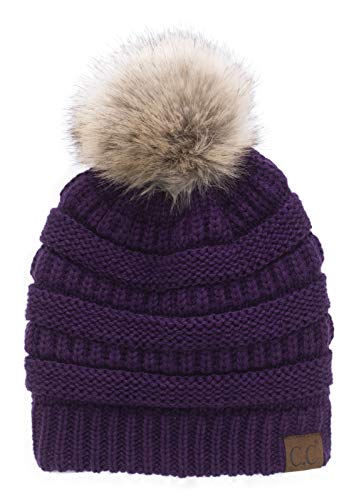 C.C Trendy Fuzzy Fleece Lined Warm Comfortable Soft Stretch Cable Knit Ribbed Faux Fur Pom Pom Beanie Hat - color: Deep Purple