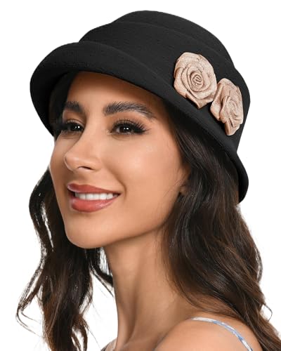 Women's Vintage Floral Cloche Hat,Lightweight Rolled Brim Bucket Hat,Adjustable Summer Sun Hat for Beach Picnic - color: Black