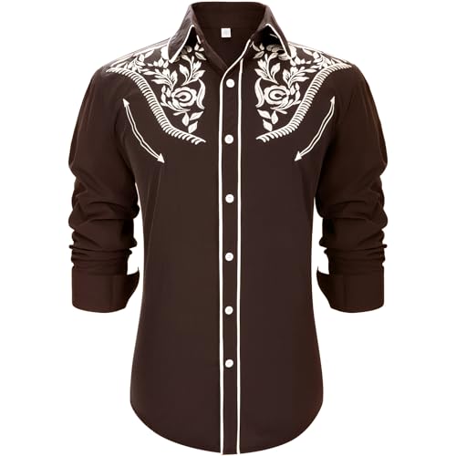 Western Shirts for Men Cowboy Shirts Long Sleeve Embroidered Country Shirt Slim Fit Button Down Shirt Casual Work - color: Coffee, size: Small