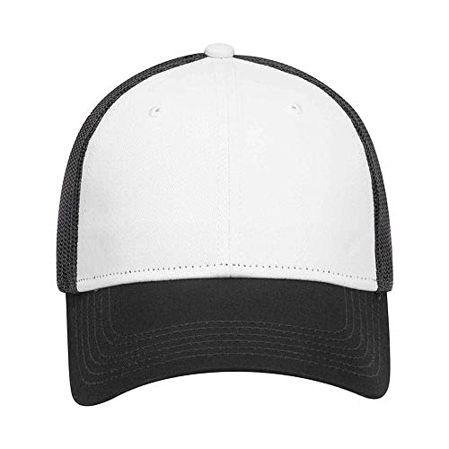 Ashen Fane 6 Panel Blend Twill Structured Low Profile Mesh Back Snapback Trucker Hat - color: Blk/Wht/Blk