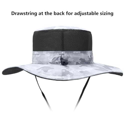 BASSDASH UPF 50+ Fishing Sun Hat Water Resistant Unisex Wide Brim Bucket Boonie Hat for Hiking Camping Safari FH15 - color: Light Grey Camo, size: Large