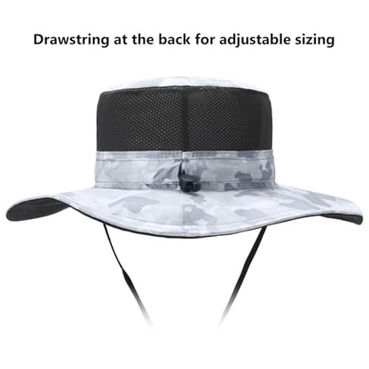 BASSDASH UPF 50+ Fishing Sun Hat Water Resistant Unisex Wide Brim Bucket Boonie Hat for Hiking Camping Safari FH15 - color: Light Grey Camo, size: Large