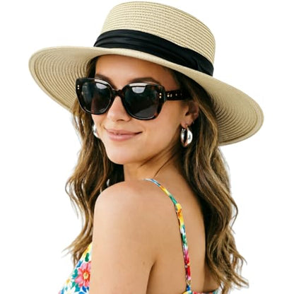 DRESHOW Women Straw Panama Hat Travel Fedora Beach Sun Hat Summer Wide Brim Straw Roll up Hats UPF 50+ - color: Fedora L Beige a