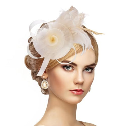 Zinniday Victorian Feather Fascinators Hats - 2025 Derby Attire Headwear with Hairpin,1920s Tea Party Hat for Woman - color: Champagne