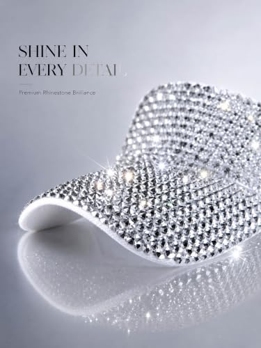 Women Shiny Rhinestone Bling Sun Visor Adjustable Tennis Beach Ponytail Hat - color: White Hat+sliver Rhinestone