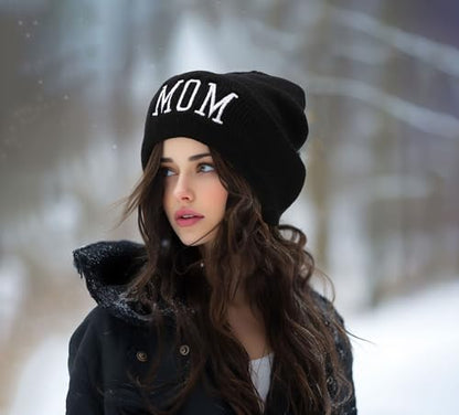 Letter Embroidered Beanie Hat Thanksgiving Gift Cuffed Skull Cap Knit Winter Warm Watch Hats for Women, Men - color: Mom Embroidered Black Hat