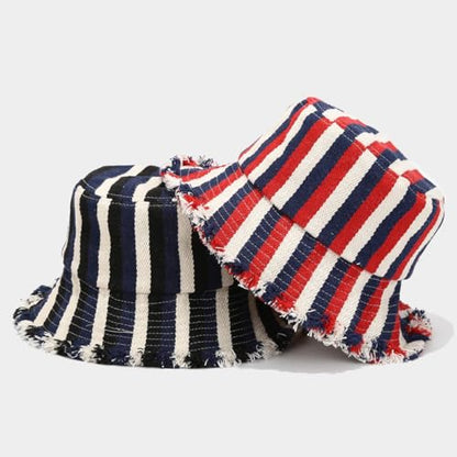 Quanhaigou Frayed Unisex Sun Hats, Fashion Beach Bucket Hat for Men Women,Summer Outdoor Boy's Girls Boonie Cap - color: Stripe Red Navy Beige