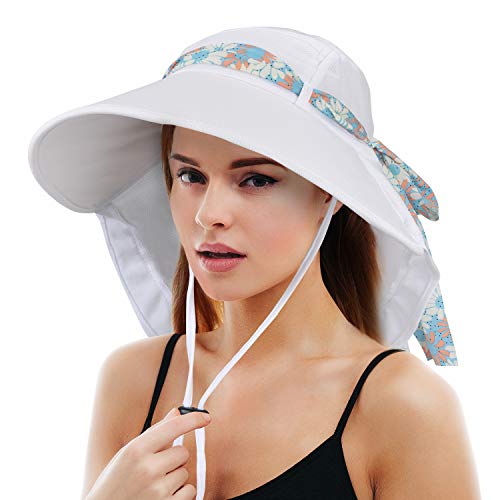 Solaris UPF 50+ Wide Brim Sun Hat for Women - Small Size Packable Lightweight, Floral Scarf Cooling Hat with Neck Flap - color: White-round