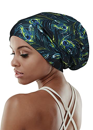 Adjustable Satin Lined Sleep Cap for Dreadlocks Curly Hair Large Head-Stay On Overnight - color: Black Green