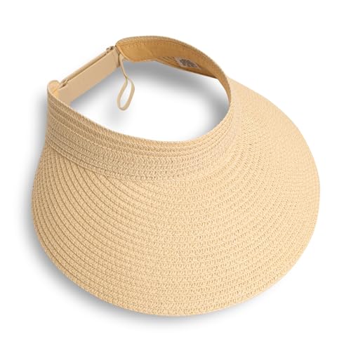 Fumwase Sun Visors for Women Foldable Straw Visor Beach Hat Uv Protection Wide Adjustable Cooling Summer Cap for Travel - color: Beige