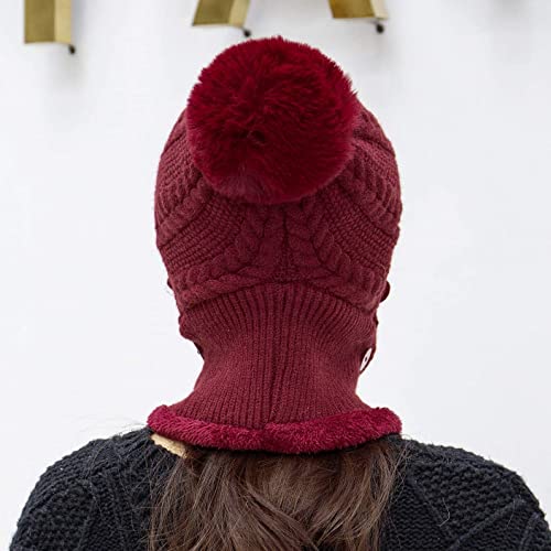 HUAMULAN Women Cable Knit Balaclavas Winter Fleece Lined Beanie Hat - color: Wine Red With Pompom