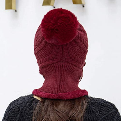 HUAMULAN Women Cable Knit Balaclavas Winter Fleece Lined Beanie Hat - color: Wine Red With Pompom