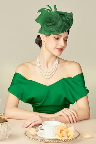 BABEYOND Fascinators Hats for Women Tea Party Mesh Flower Pillbox Derby Hat - color: Green