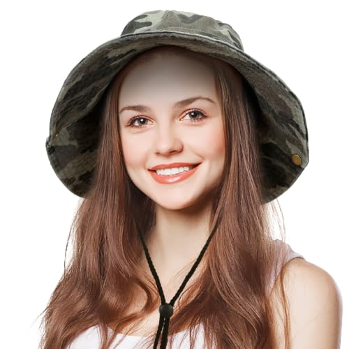 Camo Bucket Hat for Men Women, UPF 50+ Wide Brim Sun Protection - color: Light Camouflage