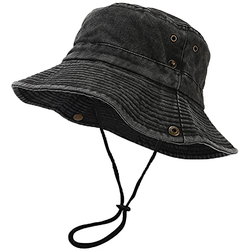 Unisex Cotton Boonie Hat Summer Fishing Bucket Hat Sun Hat with String - color: Retro Black