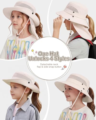 Century Star Kids Sun Hat with Ponytail Hole & Detachable Neck Flap UPF50+ Quick Dry Girls Bucket Hat for Outdoor Beach - color: Beige