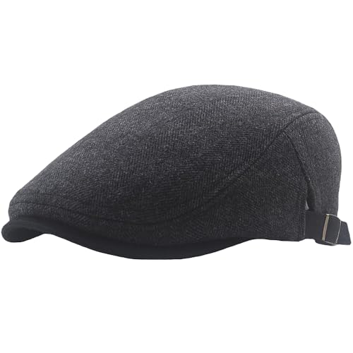 Mens Herringbone Tweed Newsboy Cap Flat Ivy Gatsby Hat Adjustable Cabbie Cap for Women - color: Black